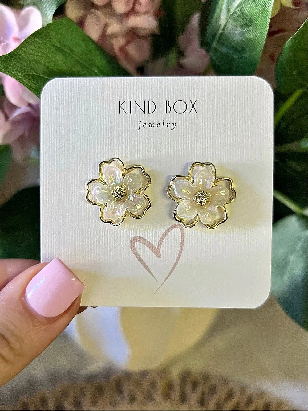 KIND BOX Floral Flower Stud Earrings in Gold & Clear Like New